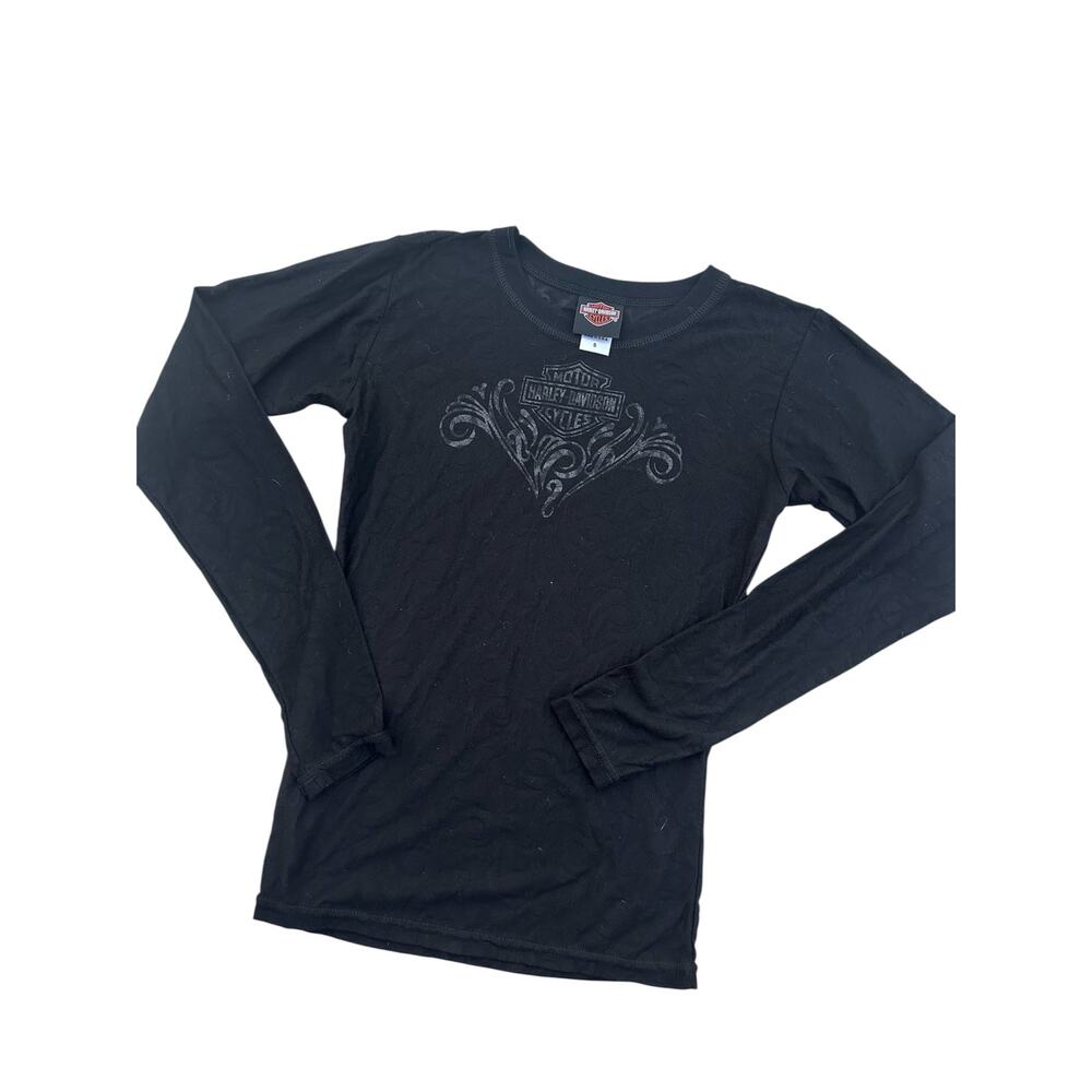 Harley Davidson S top black sheer long sleeve lace print comfort longsleeve sexy